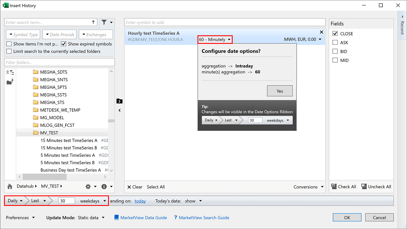 Synchronization of data granularity between custom symbols and History table settings