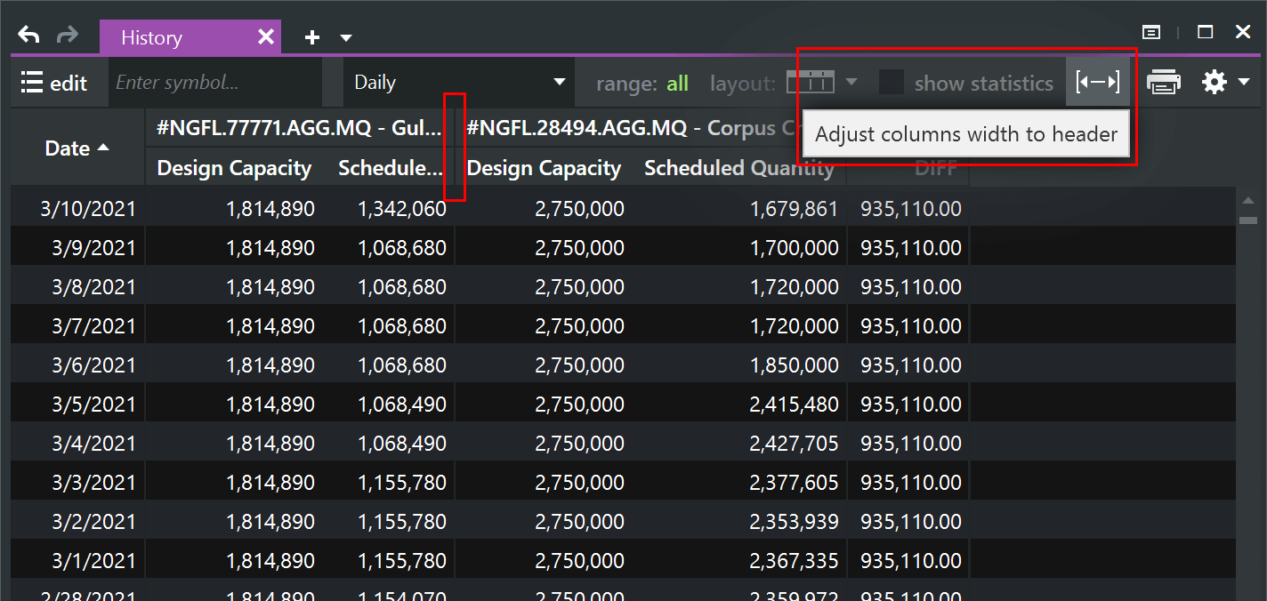 History Column Width Adjustment