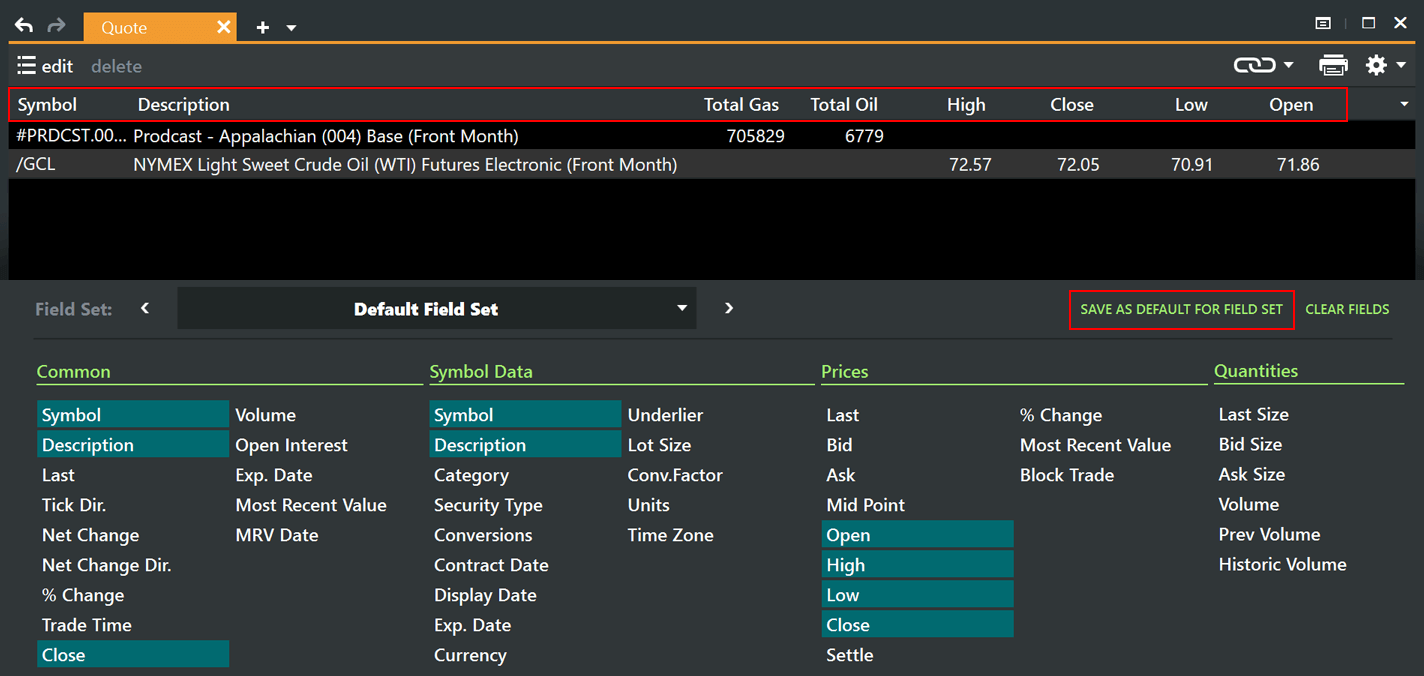 Quote window – save preferences for field selection