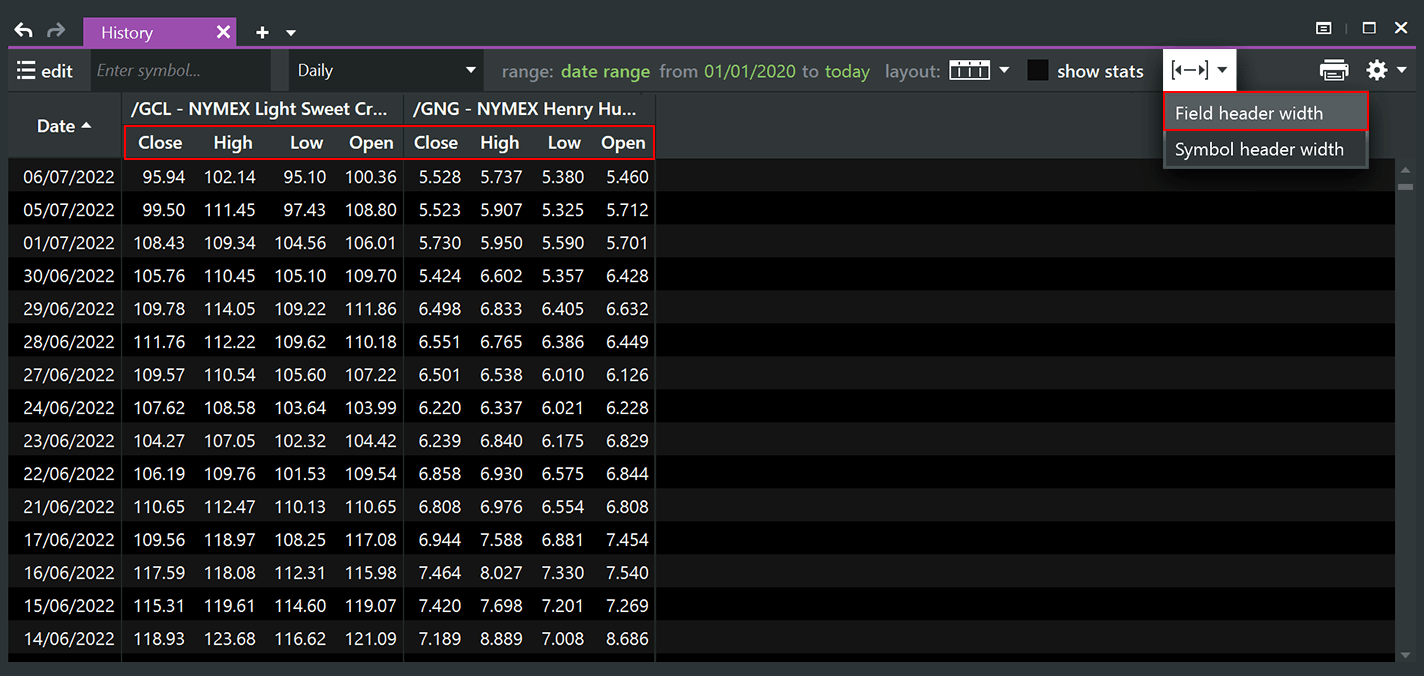 Header width control for History window