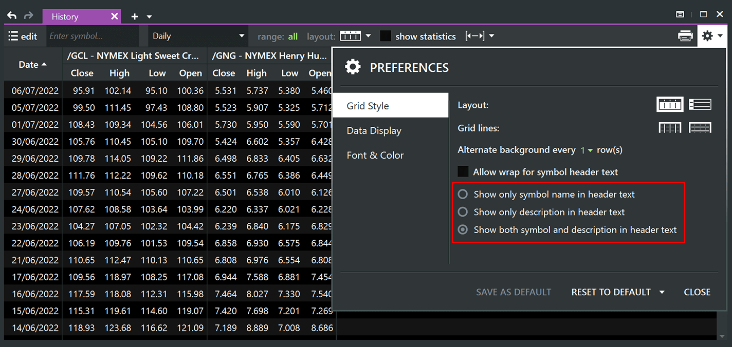 Header width control for History window